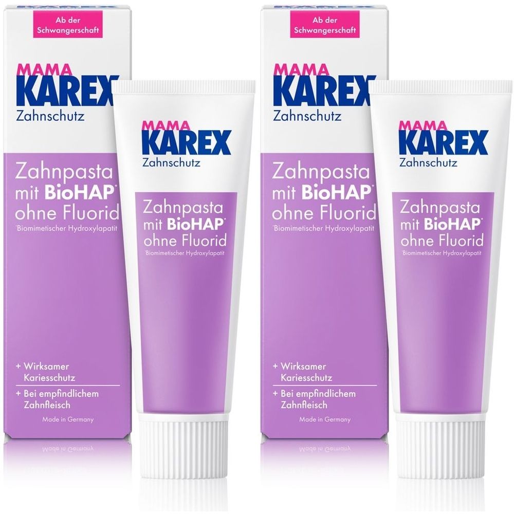 Zahnpasta-Tuben und -Verpackungen. Aufschrift: MAMA KAREX Zahnschutz, Zahnpasta mit BioHAP ohne Fluorid. Für Schwangerschaft.