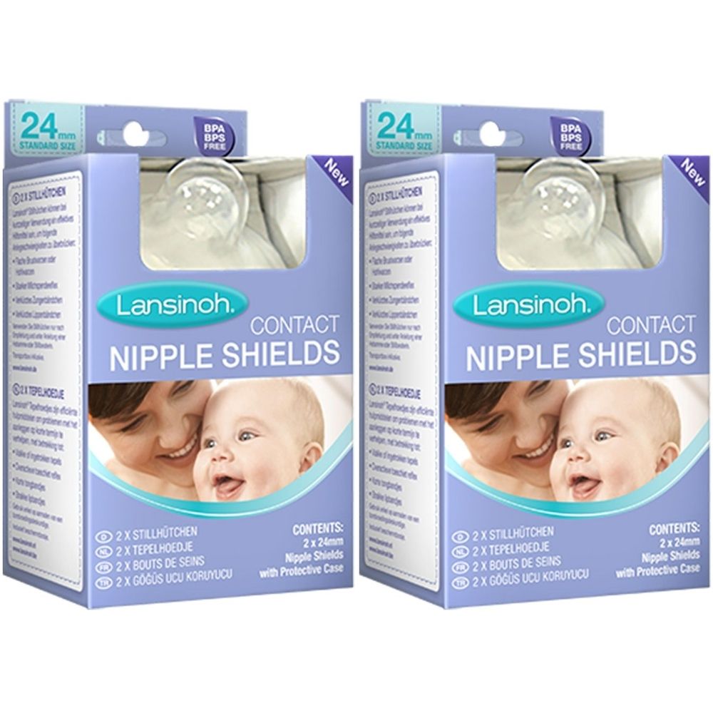 Zwei Packungen Lansinoh Contact Stillhütchen. Jede Packung enthält zwei 24 mm Stillhütchen mit Schutzhülle. BPA/BPS-frei.