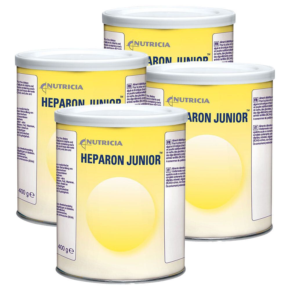 Vier Dosen mit gelbem Etikett. Aufschrift: Nutricia Heparon Junior. Weiße Deckel. Auf jeder Dose steht 400 g.