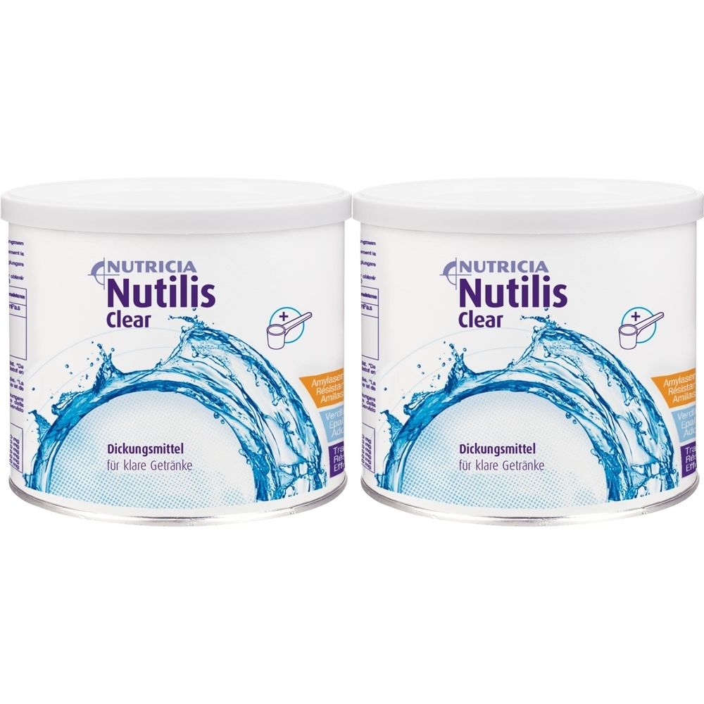 Zwei weiße Dosen mit Deckel. Aufschrift: Nutricia Nutilis Clear, Dickungsmittel für klare Getränke. Abbildung von Wasser.