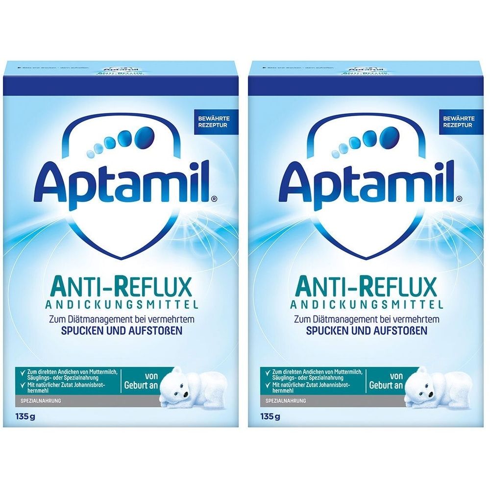 Zwei Packungen Aptamil Anti-Reflux Andickungsmittel. Blaue Verpackung mit Logo und Produktbezeichnung. Text: "Zum Diätmanagement bei vermehrtem Spucken und Aufstoßen".
