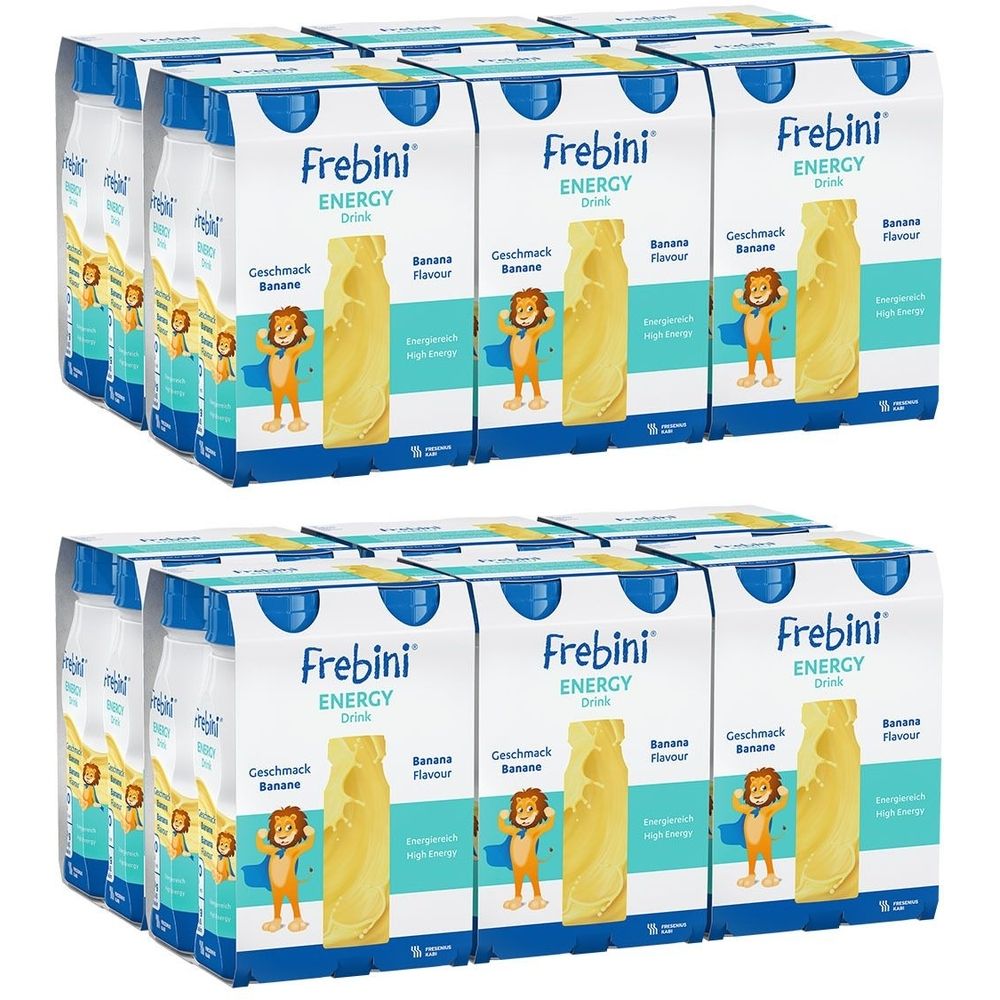 Mehrere Kartons mit Frebini Energy Trinknahrung. Auf den Kartons steht "Geschmack Banane" und ein Löwen-Cartoon.