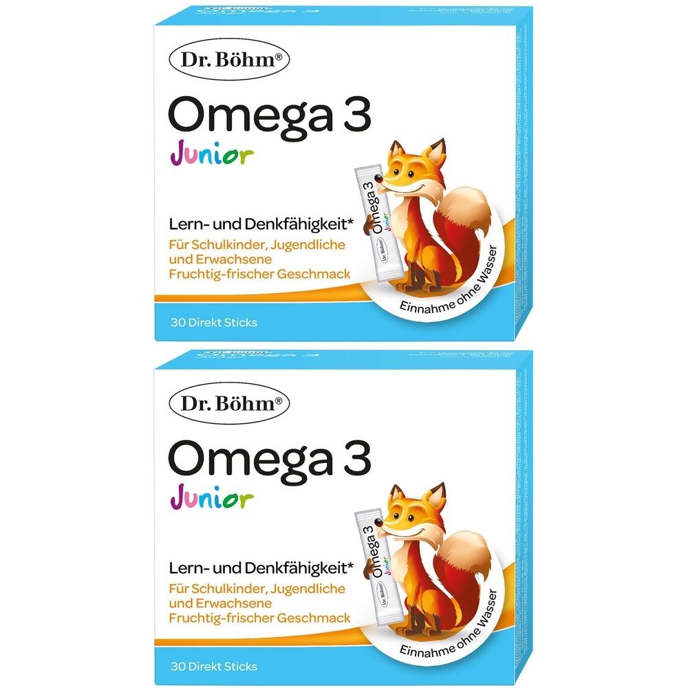 Zwei Packungen Dr. Böhm Omega 3 Junior. Aufdruck: Omega 3 Junior, Lern- und Denkfähigkeit, 30 Direkt Sticks. Abbildung: Fuchs.