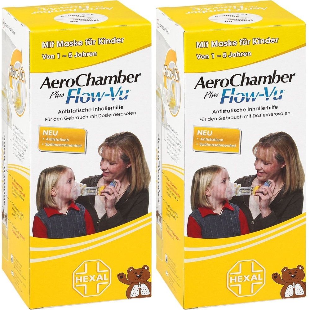 Zwei gelbe Kartons mit der Aufschrift "AeroChamber Plus Flow-Vu". Aufschrift: "Mit Maske für Kinder von 1-5 Jahren".