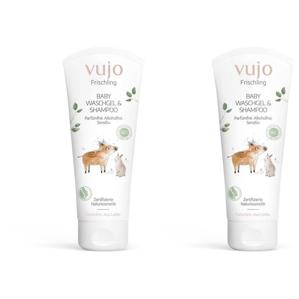 Zwei Tuben Baby Waschgel & Shampoo. Aufschrift: vujo, Frischling, BABY WASCHGEL & SHAMPOO, parfümfrei, alkoholfrei, sensitiv. Mit Tierabbildung.