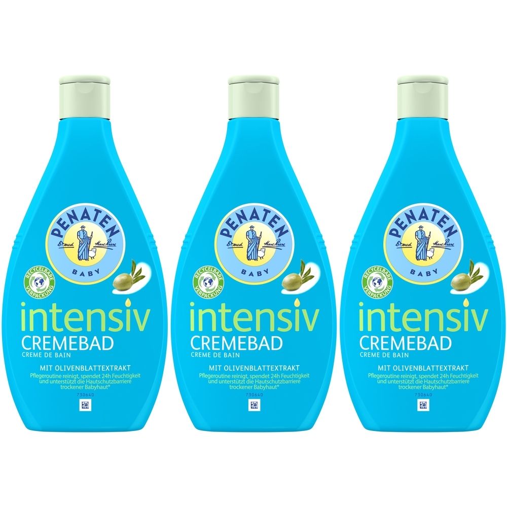 Drei blaue Flaschen PENATEN BABY Intensiv-Cremebad. Aufschrift: intensiv, Cremebad, mit Olivenblattextrakt. Grüner Deckel.