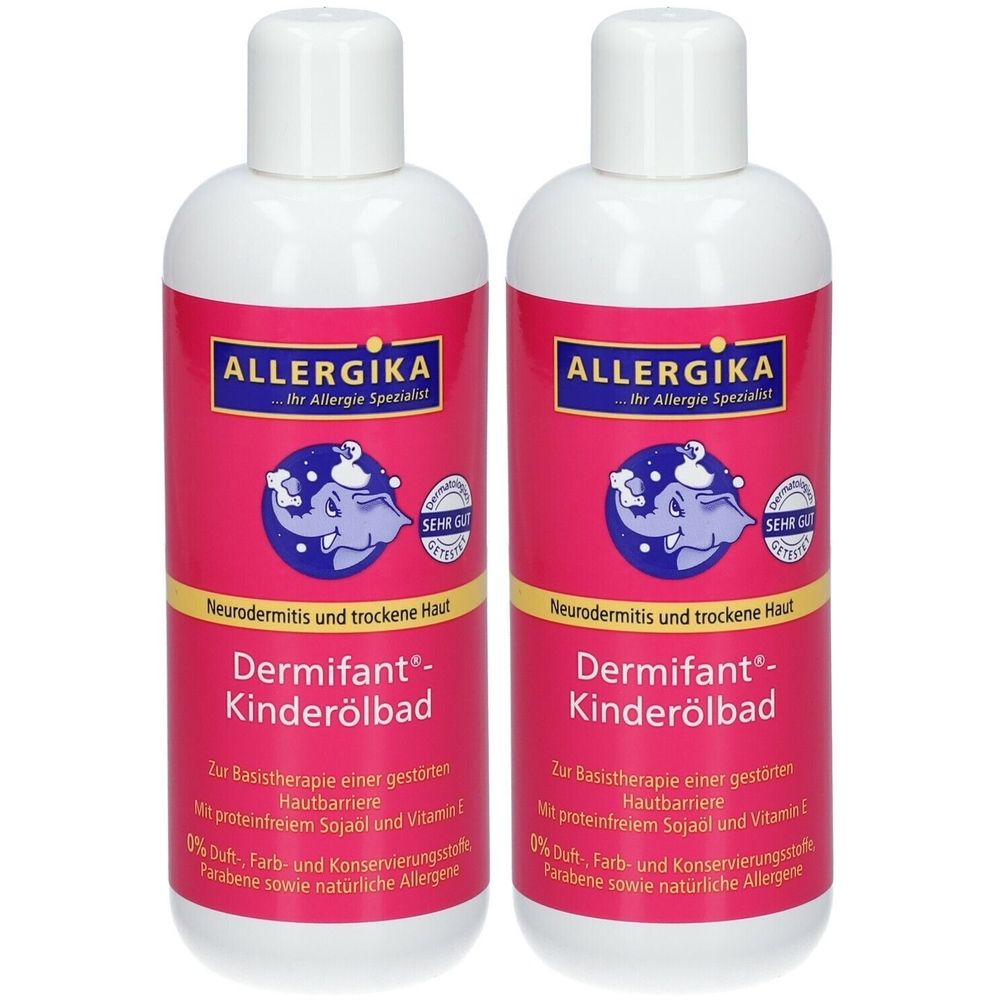 Zwei Flaschen Dermifant Kinderölbad. Rosa Etikett mit Logo und Produktinformationen. Weißer Verschluss.