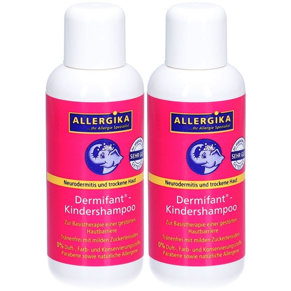Zwei Flaschen Kindershampoo. Rosa Etikett mit weißer Schrift. Aufschrift: Dermifant Kindershampoo, Neurodermitis und trockene Haut.