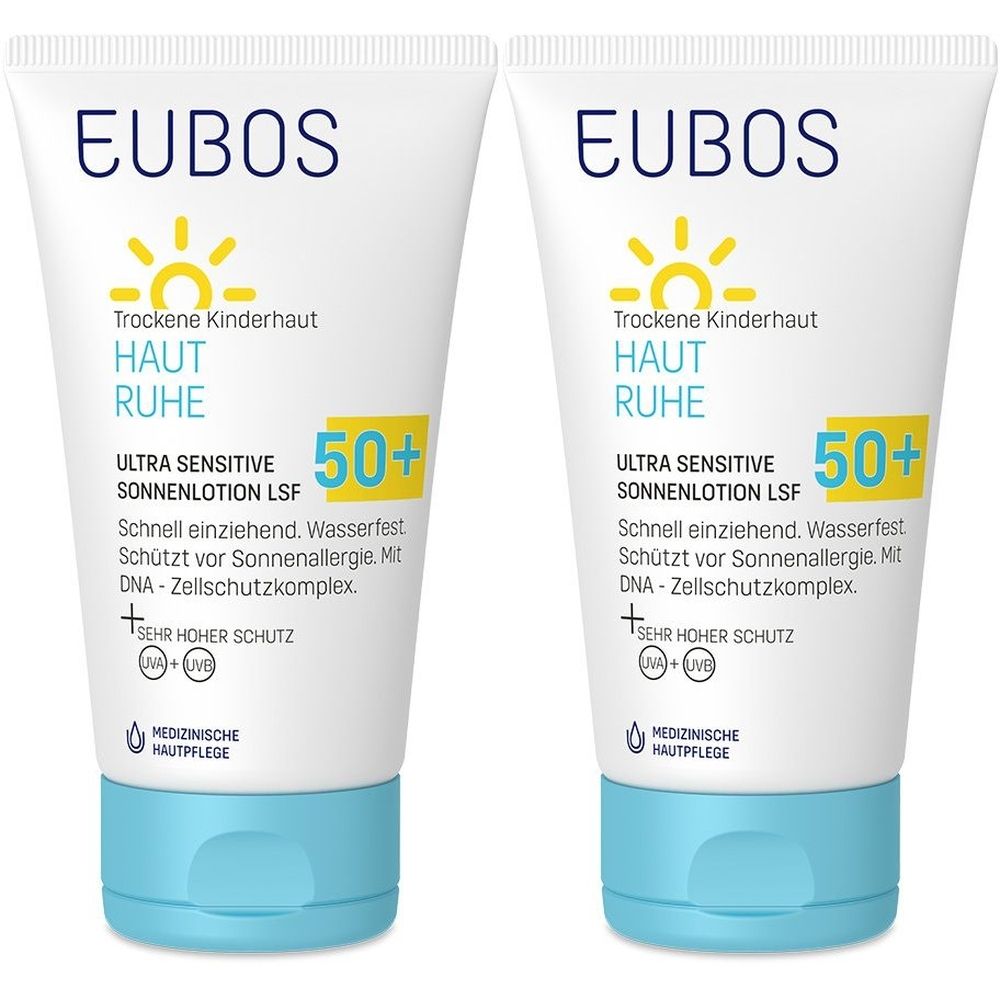 Zwei Tuben Sonnenlotion mit Aufschrift EUBOS, HAUT RUHE, LSF 50+. Weiße Tuben mit hellblauem Deckel. Text in Deutsch.