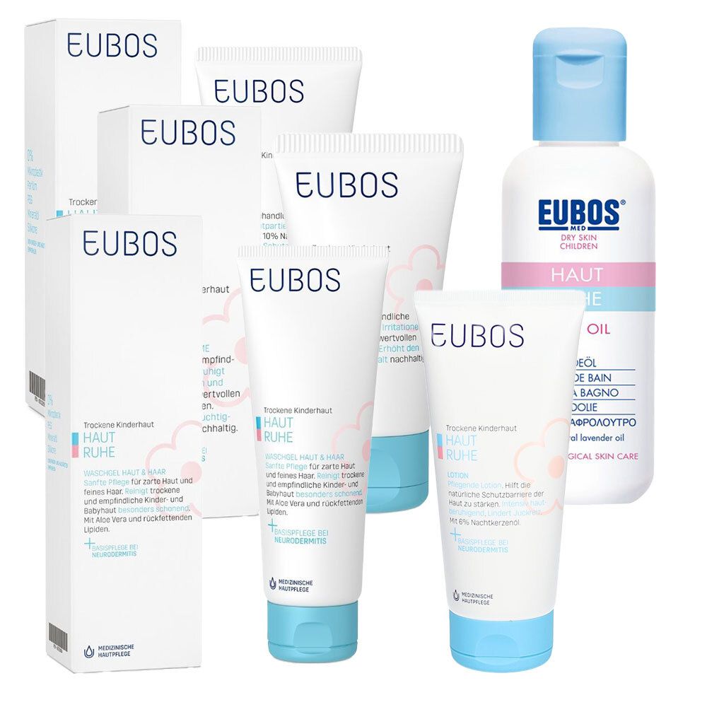 Verschiedene Eubos-Hautpflegeprodukte für Kinder, darunter Lotionen, Cremes und Öl, in weißer Verpackung mit blauen Akzenten.