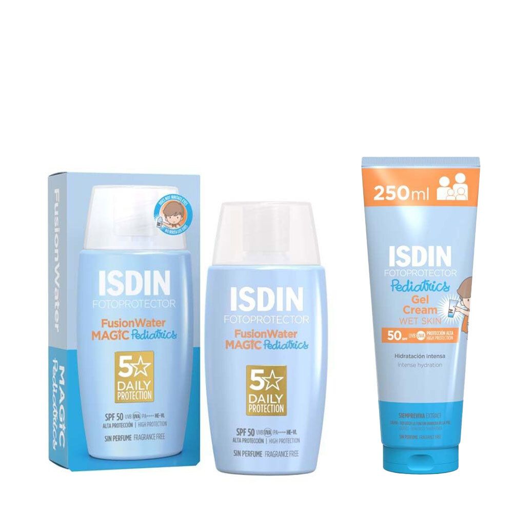Drei Produkte: ISDIN FusionWater Magic, ISDIN Gel Cream und Verpackung. Blaue Flaschen und Tube mit Text und Logos.
