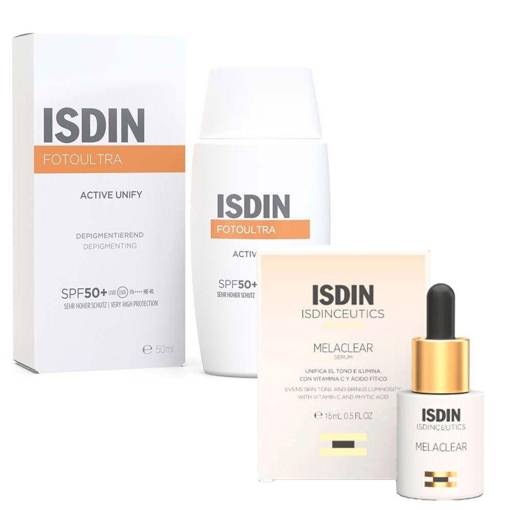 Drei Kosmetikprodukte: ISDIN Fotoultra, ISDIN Isdinceutics Melaclear. Verpackungen mit Produktnamen und SPF50+.