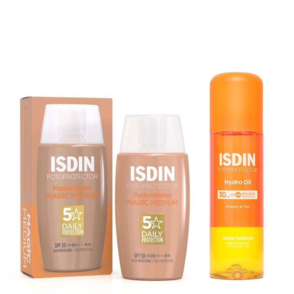 Set mit drei ISDIN-Sonnenschutzprodukten. Zwei Flaschen Fusion Water Magic Medium LSF 50 und eine Flasche Hydro Oil LSF 30.
