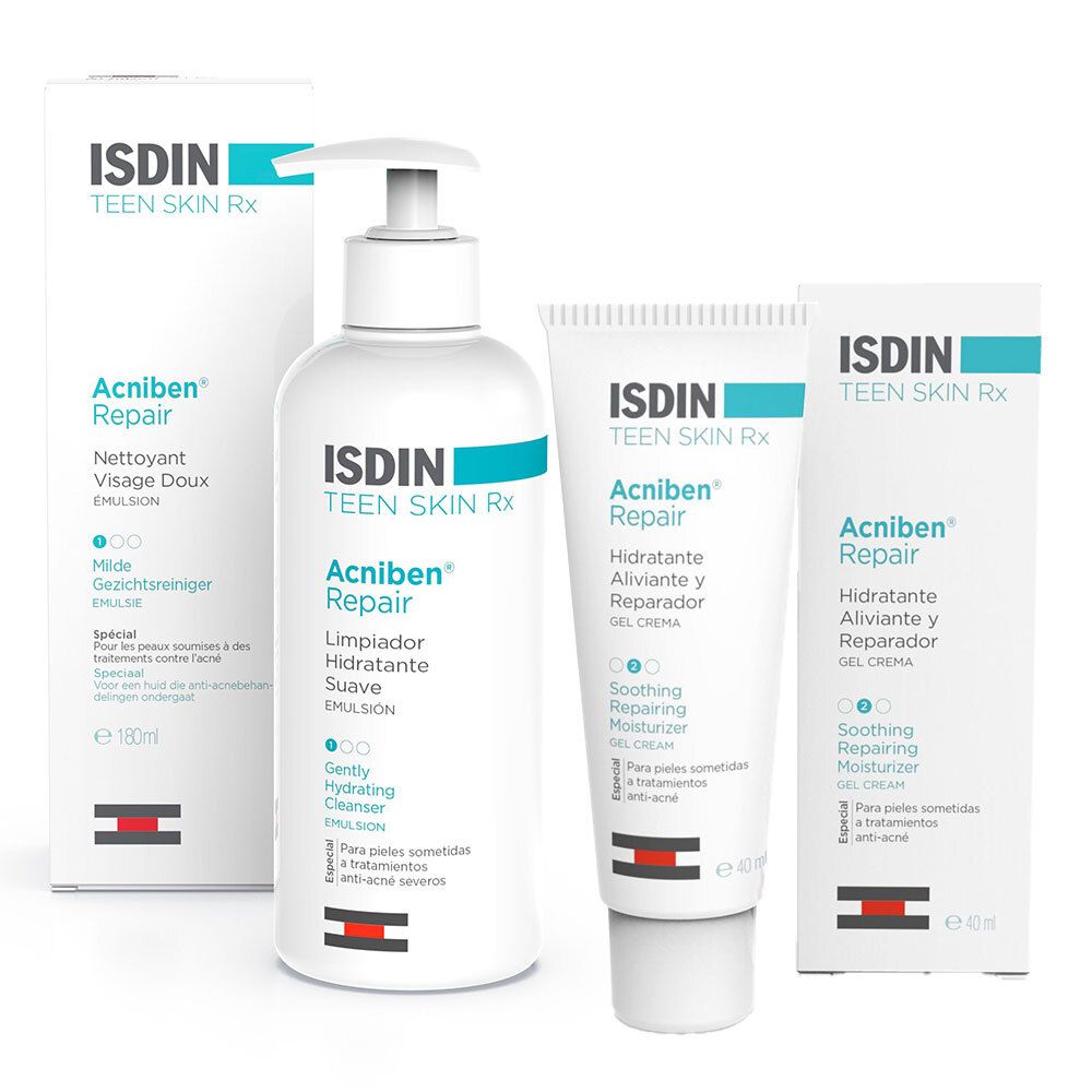 Mehrere Hautpflegeprodukte von ISDIN. Enthalten Reinigungsemulsion, Feuchtigkeitspflege und Gelcreme. Verpackungen in Weiß mit blauen Akzenten und Produktnamen.