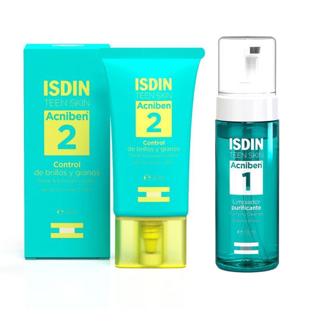 Set aus Reinigungsschaum und Gel-Creme. Beide Produkte sind in türkisfarbenen Tuben und Flaschen mit gelben Akzenten verpackt. Aufdrucke: ISDIN ACNIBEN.