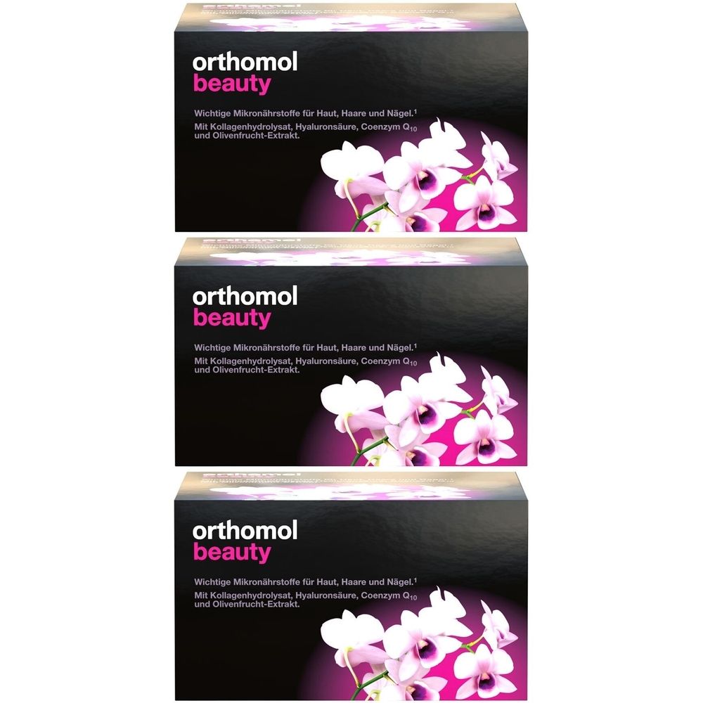 Drei Produktverpackungen von Orthomol Beauty. Schwarze Schachteln mit weißer Schrift und Orchideen-Motiv.