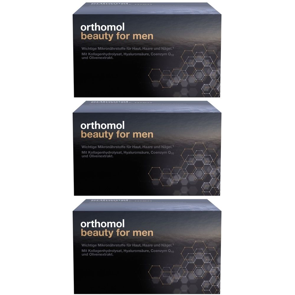 Drei Schachteln Orthomol Beauty for Men. Schwarze Verpackung mit Produktnamen und Inhaltsstoffangaben.