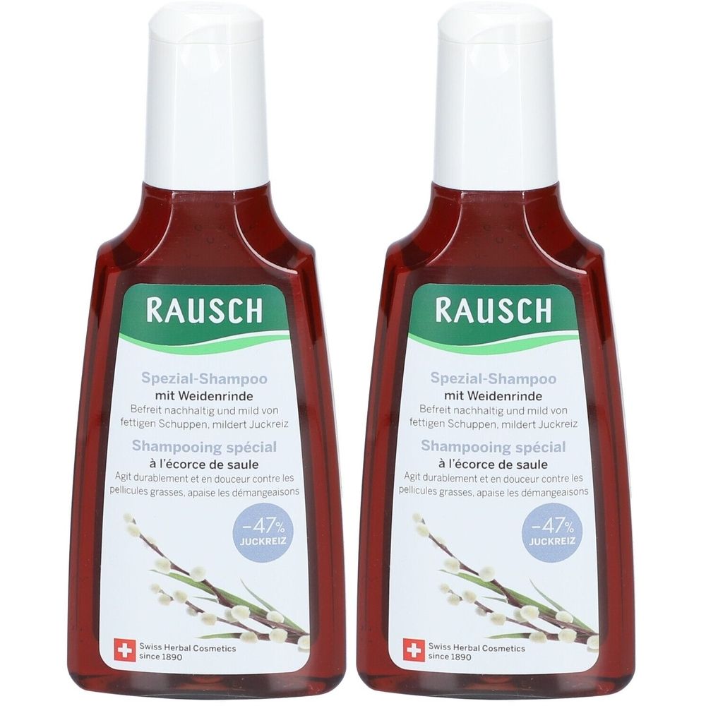 Zwei Flaschen RAUSCH Spezial-Shampoo mit Weidenrinde. Rote Flaschen mit weißem Deckel und grünen Etiketten. Schweizer Kräuterkosmetik.