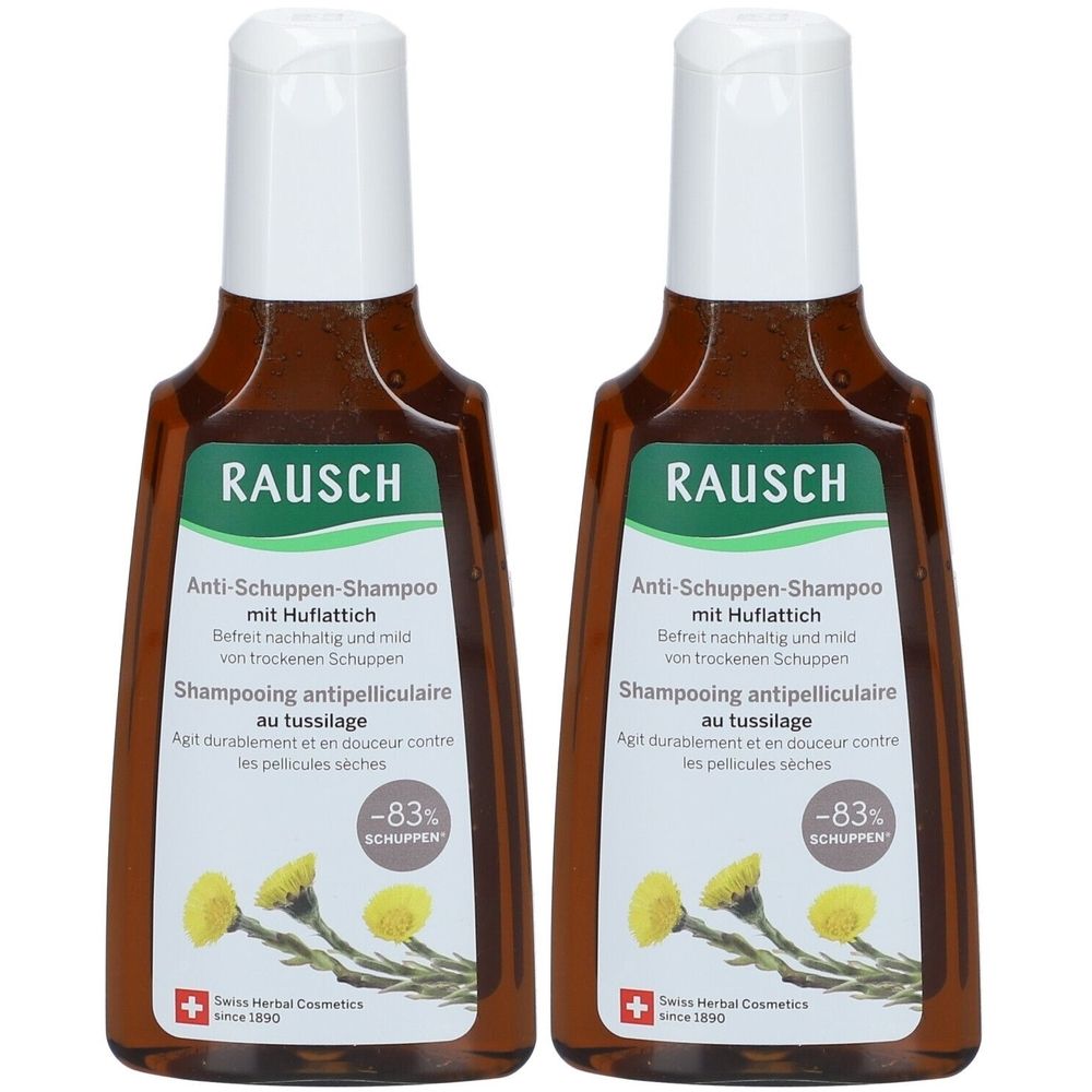 Zwei braune Flaschen RAUSCH Anti-Schuppen-Shampoo. Aufschrift: Anti-Schuppen-Shampoo mit Huflattich. Schweizer Kräuterkosmetik.