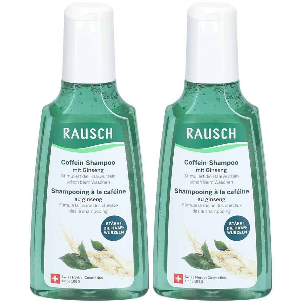 Zwei Flaschen RAUSCH Coffein-Shampoo mit Ginseng. Grünliche Flüssigkeit in Flaschen mit weißem Deckel. Text: Stärkt die Haarwurzeln.