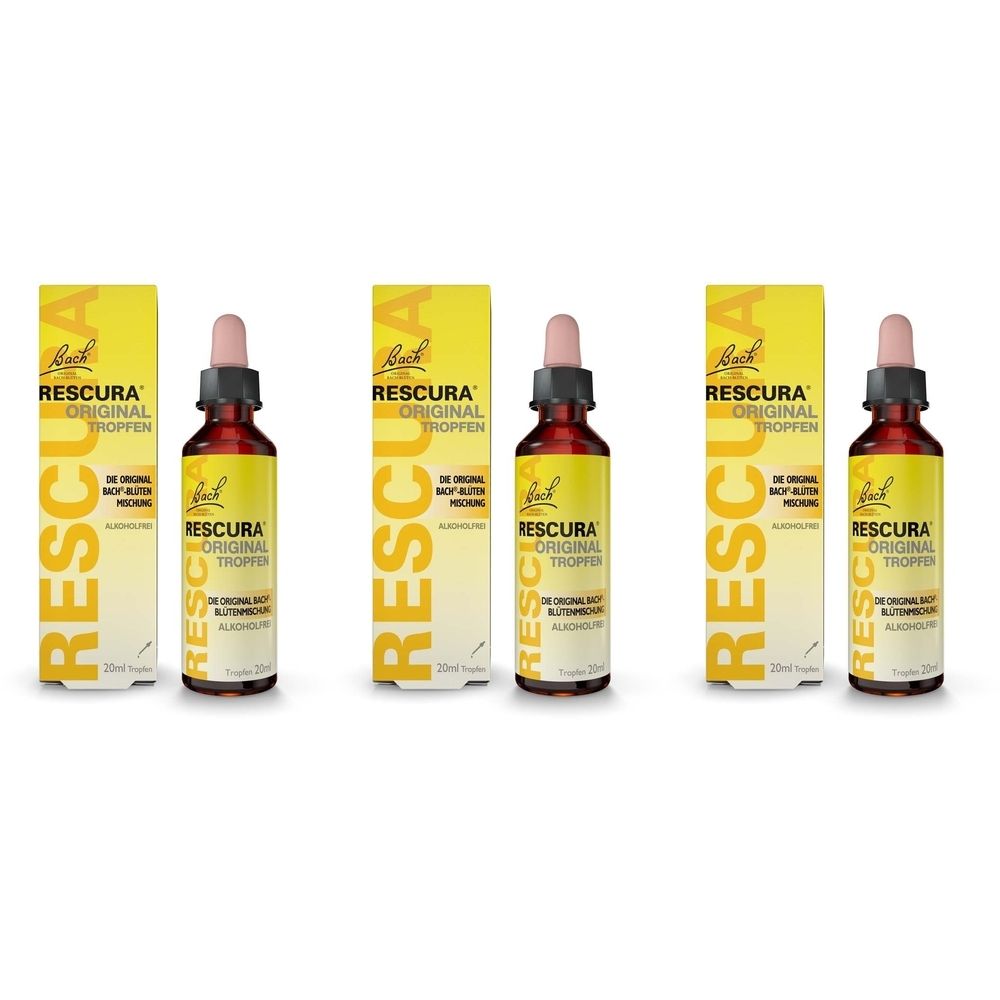 Drei Flaschen und Verpackungen von RESCURA Original Tropfen. Braune Flaschen mit Pipetten, gelbe Verpackungen mit Produktnamen.