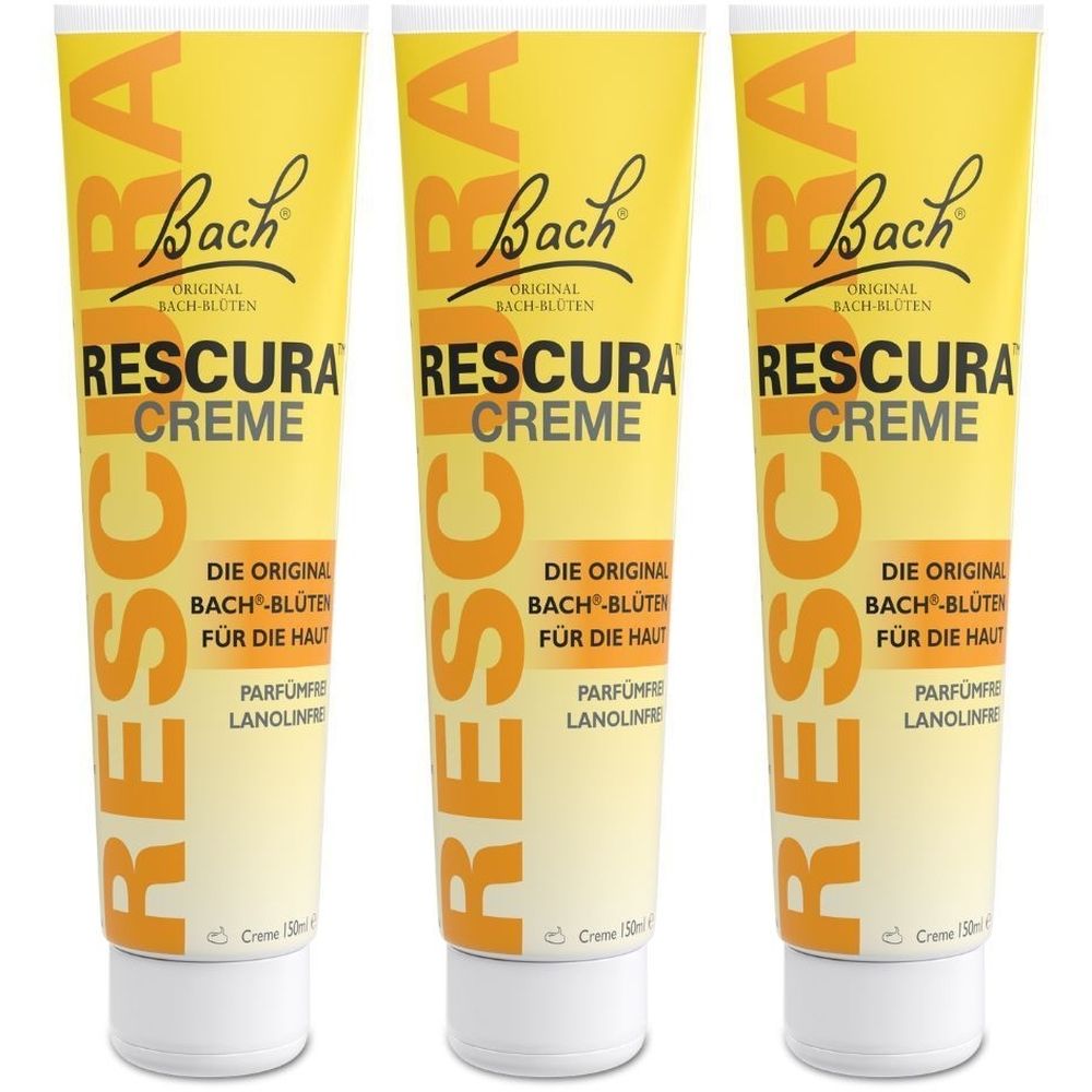 Drei Tuben RESCURA Creme. Gelbe Tuben mit orangefarbener Schrift. Aufschrift: Bach Original Bach-Blüten, RESCURA Creme, für die Haut.