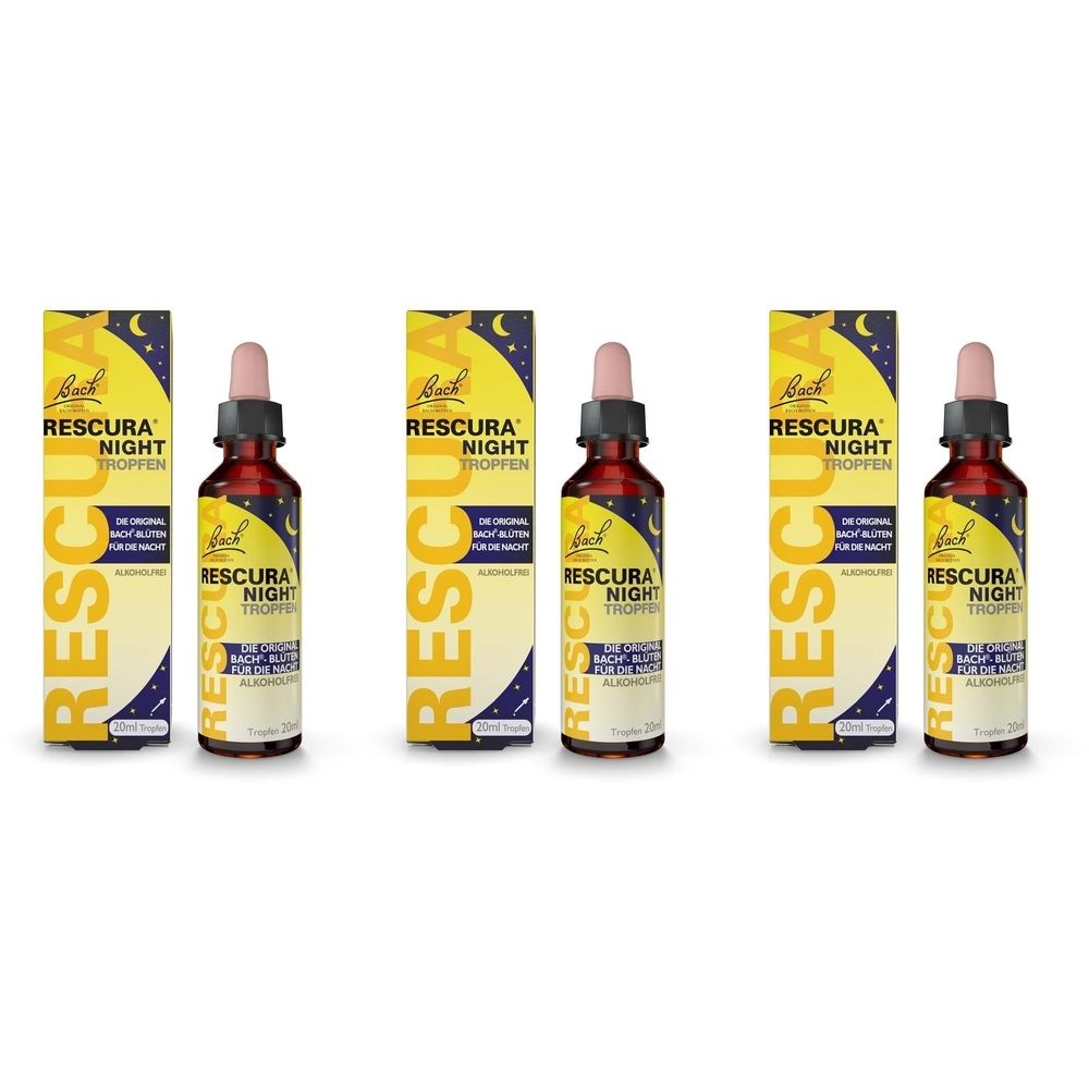 Drei Flaschen mit Tropfer und Verpackungen. Aufschrift: RESCURA NIGHT TROPFEN. Gelbe Verpackung mit Mond und Sternen. Braune Flaschen.