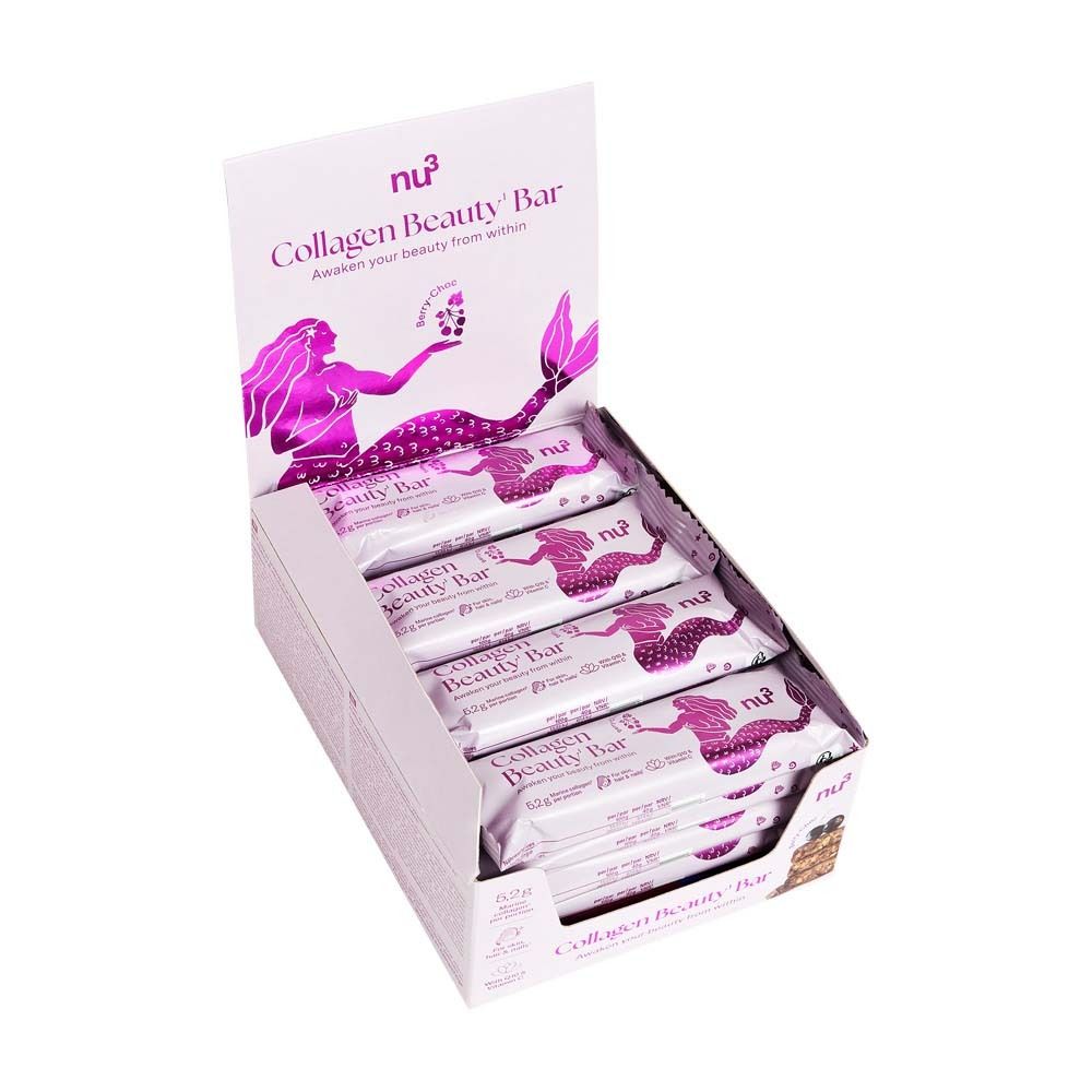 Theken-Display mit nu3 Collagen Beauty Bar. Mehrere Riegel in Verpackung. Rosa und weiß. Mermaid-Illustration.