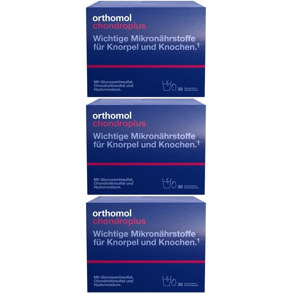 Drei Schachteln Orthomol chondroplus, blaue Verpackung mit weißer Schrift.