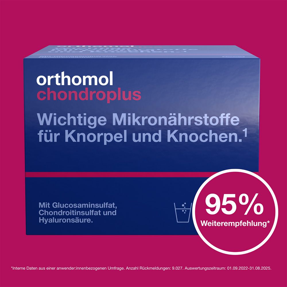 Blaue Schachtel Orthomol chondroplus. Aufschrift: Wichtige Mikronährstoffe für Knorpel und Knochen. 95% Weiterempfehlung.