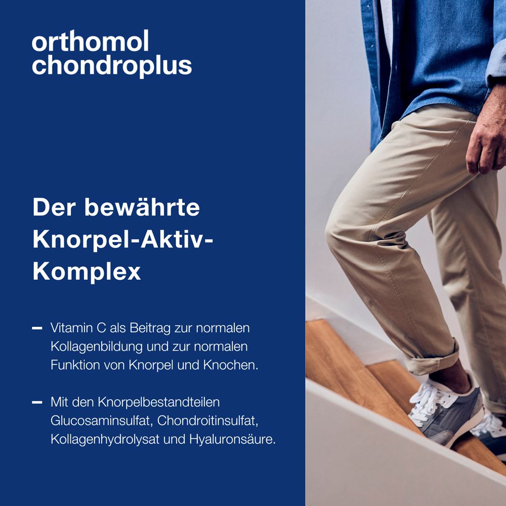 Person geht Treppe hoch. Text: Der bewährte Knorpel-Aktiv-Komplex. Enthält Vitamin C und Knorpelbestandteile.