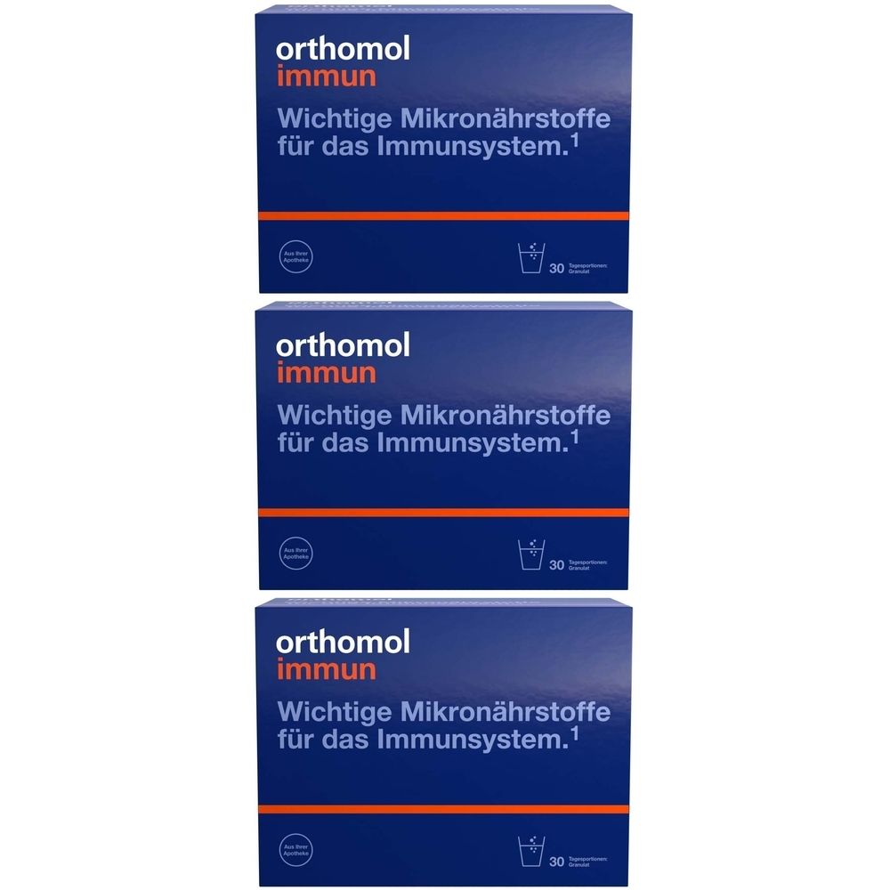 Drei blaue Kartons mit 'Orthomol Immun'. Text: 'Wichtige Mikronährstoffe für das Immunsystem'. Packung mit 30 Portionen.