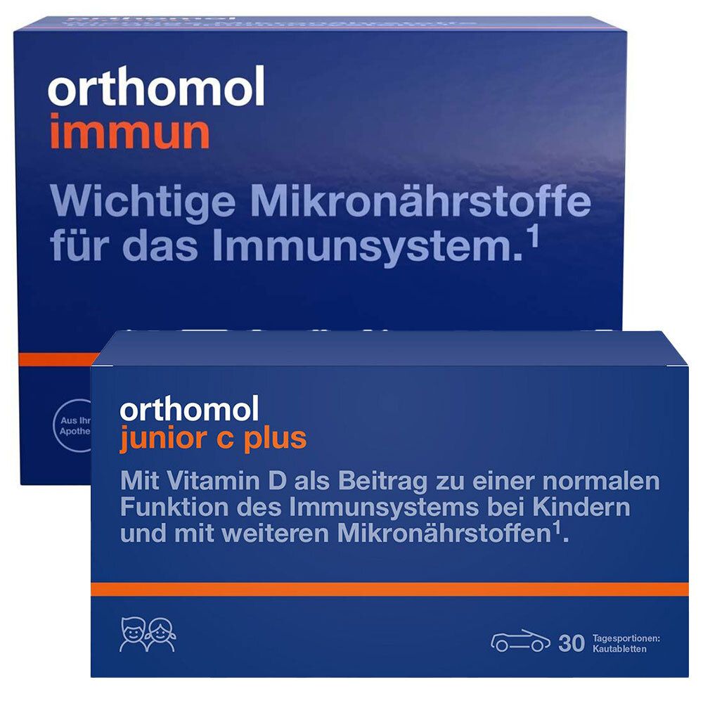Zwei blaue Kartons von Orthomol Immun. Aufschrift: Wichtige Mikronährstoffe für das Immunsystem.