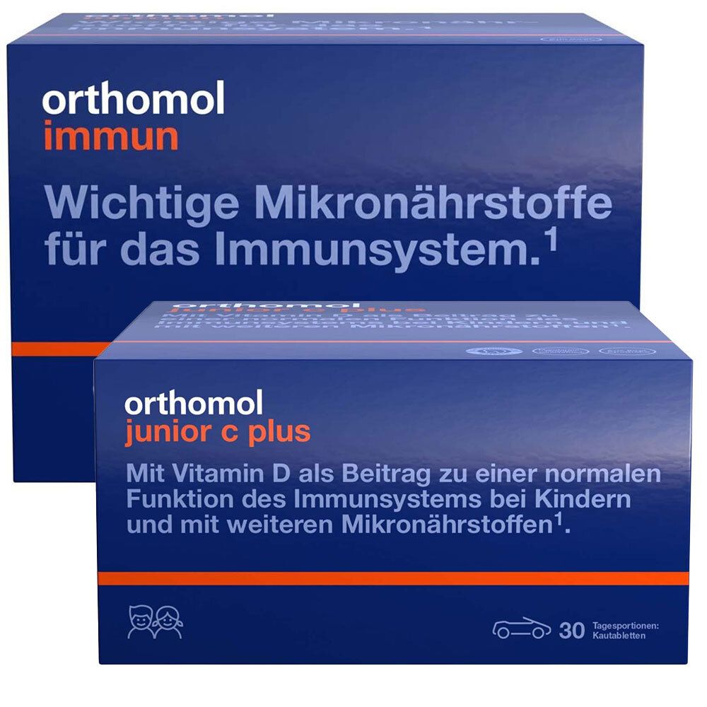 Zwei blaue Kartons mit Orthomol-Immun-Logo. Text: Wichtige Mikronährstoffe für das Immunsystem. Darunter: Orthomol junior c plus.