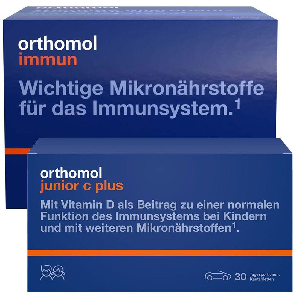Blau-weiße Verpackung mit Orthomol-Logo und Text. Enthält wichtige Mikronährstoffe für das Immunsystem.