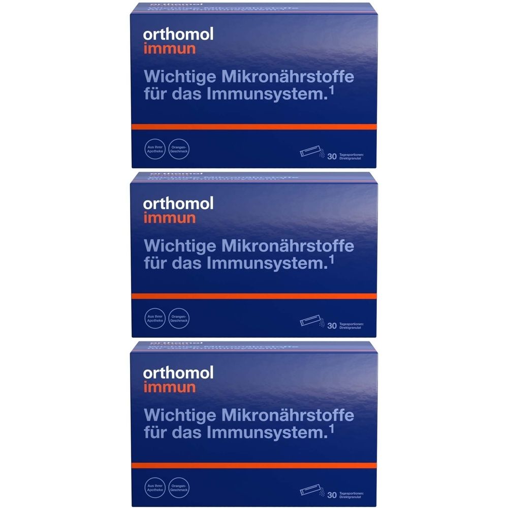 Drei Packungen Orthomol Immun. Blaue Schachteln mit weißer Schrift. Enthält 30 Sachets.