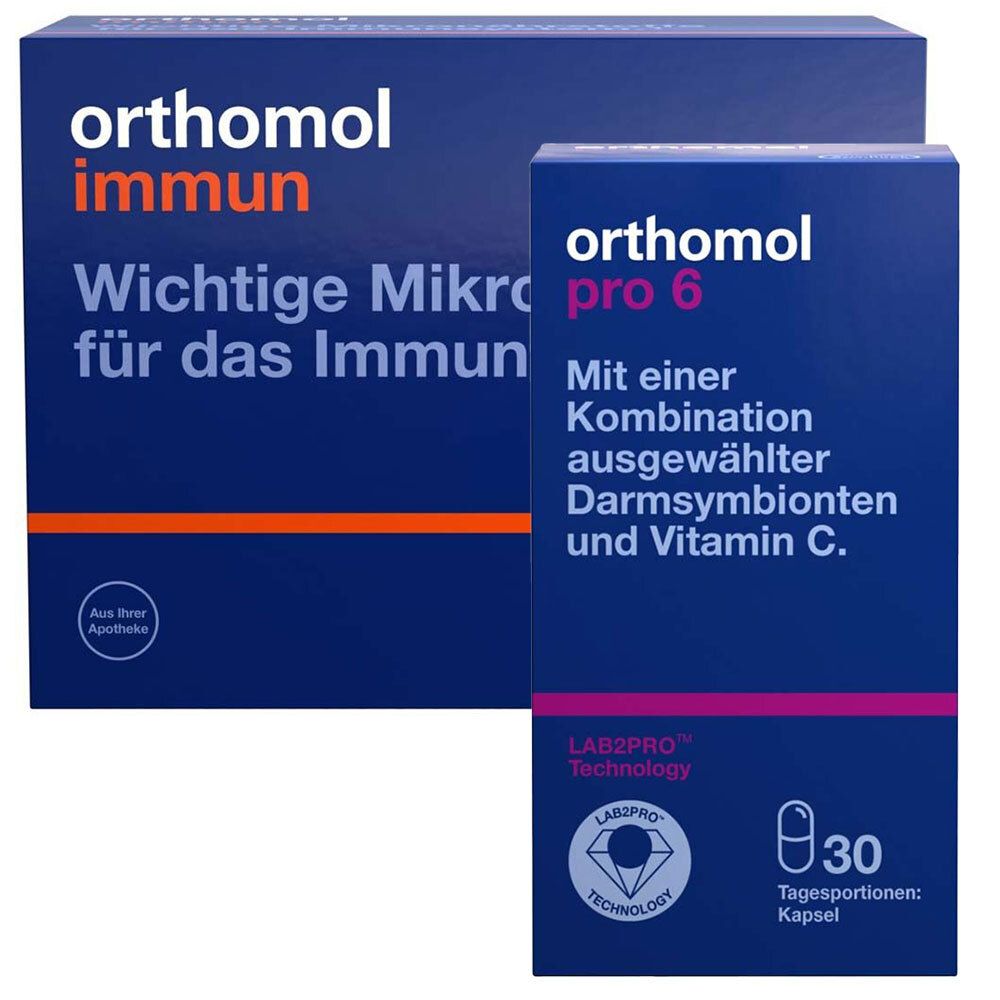 Zwei blaue Kartons mit der Aufschrift Orthomol Immun und Orthomol Pro 6. Auf der Pro 6-Packung sind Kapseln abgebildet.