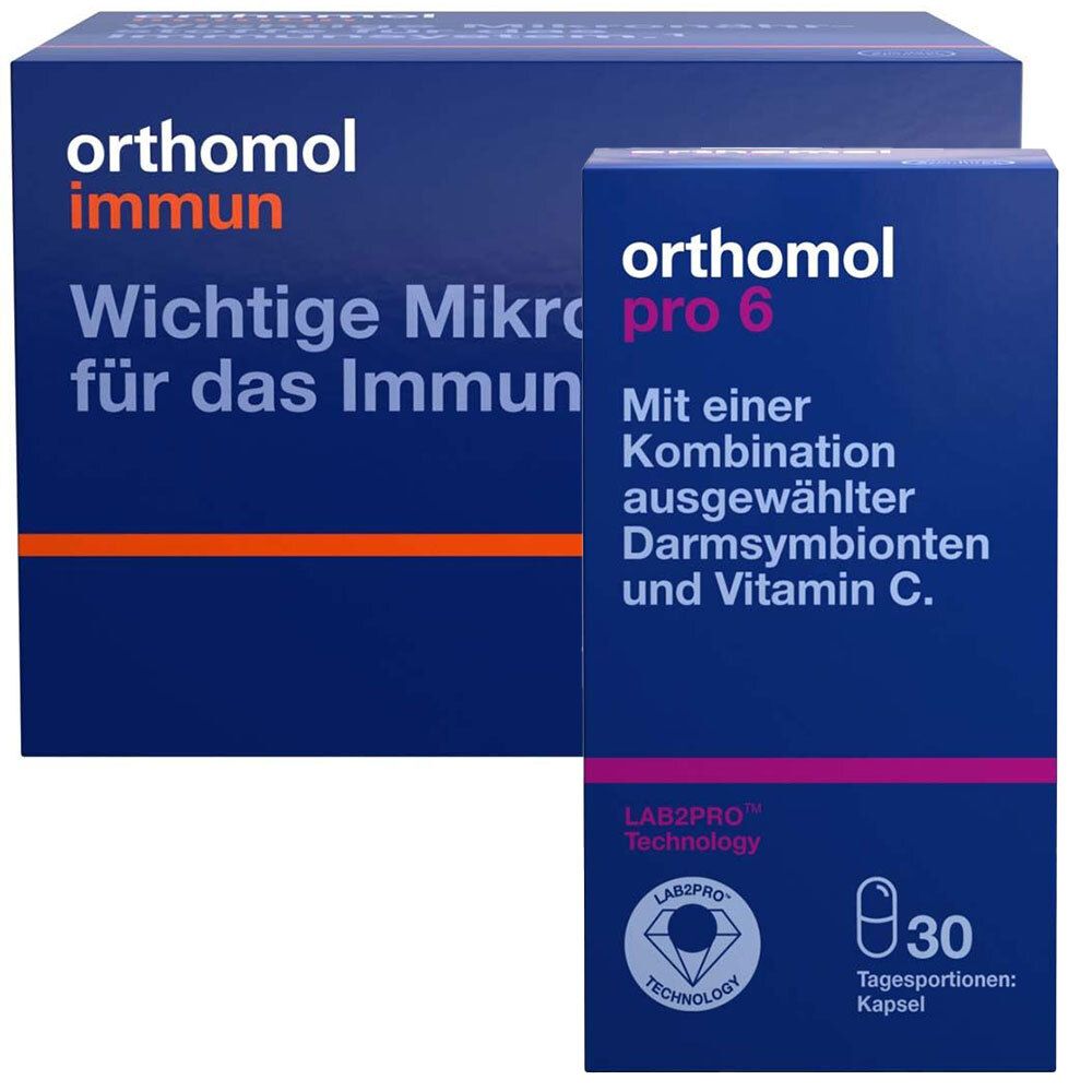 Zwei Schachteln Orthomol Immun. Aufschrift: Wichtige Mikronährstoffe für das Immunsystem. Pro 6-Packung.