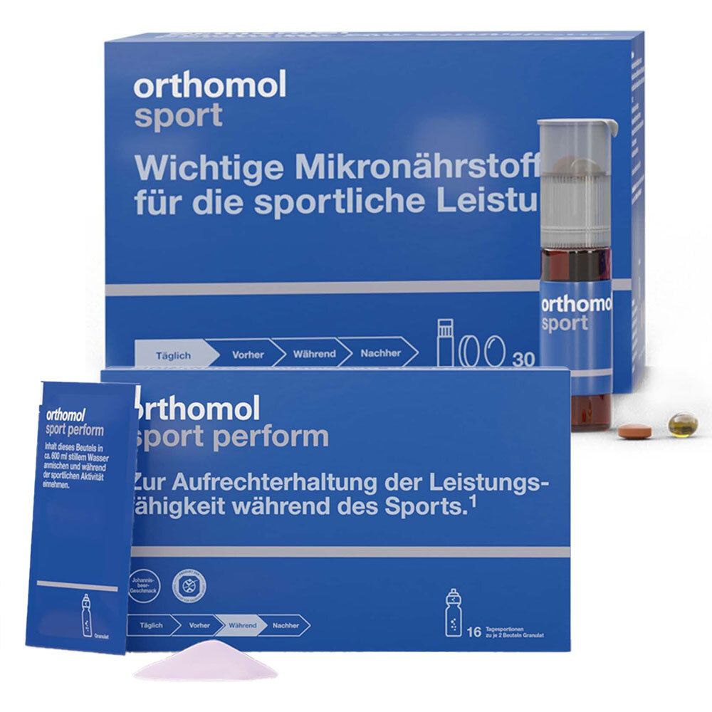 ORTHOMOL Sport Packung, Trinkfläschchen, Kapseln und Tabletten. Blaue Verpackung mit Produktnamen und Logos.