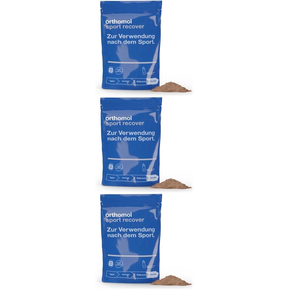 Drei blaue Beutel mit der Aufschrift 'Orthomol sport recover'. Daneben braunes Pulver. Zur Verwendung nach dem Sport.