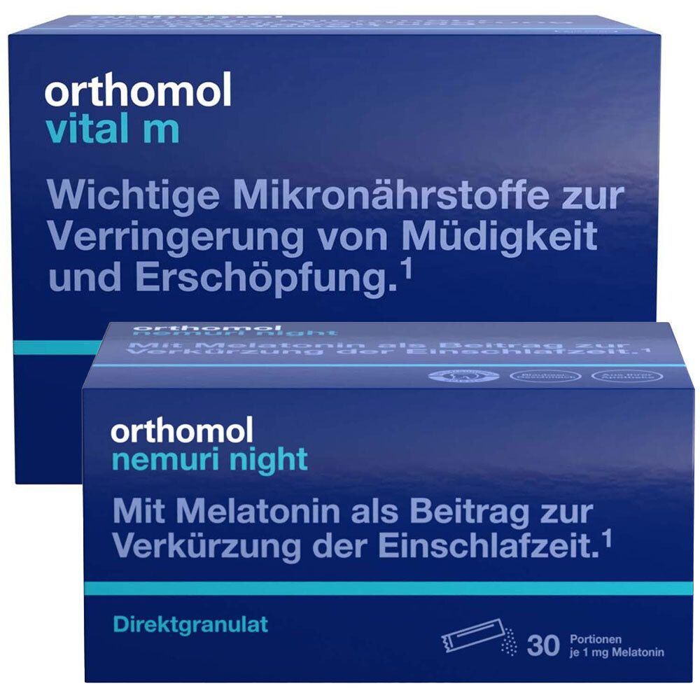 ORTHOMOL Vital M und nemuri night Packungen. Blaue Schachteln mit Text und Logo.