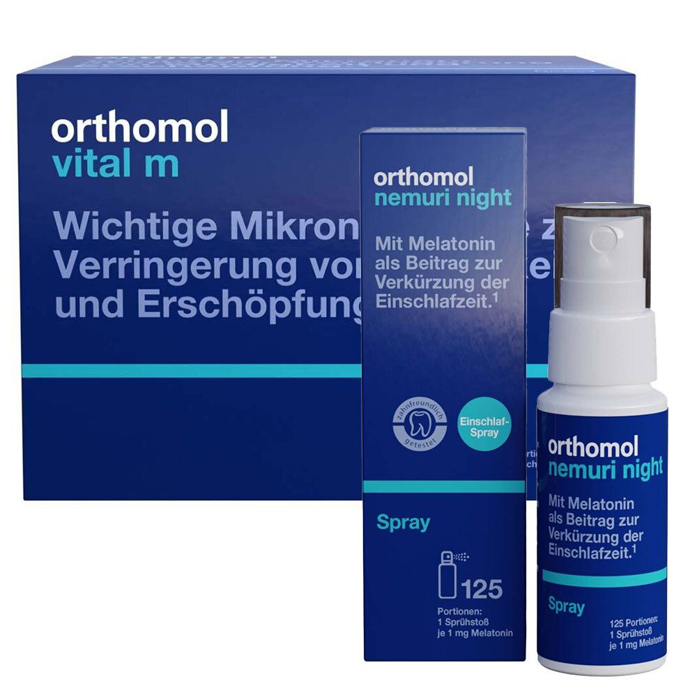 ORTHOMOL Vital M und nemuri night Spray. Blaue Verpackung mit Produktnamen und Text. Sprayflasche und Schachtel.