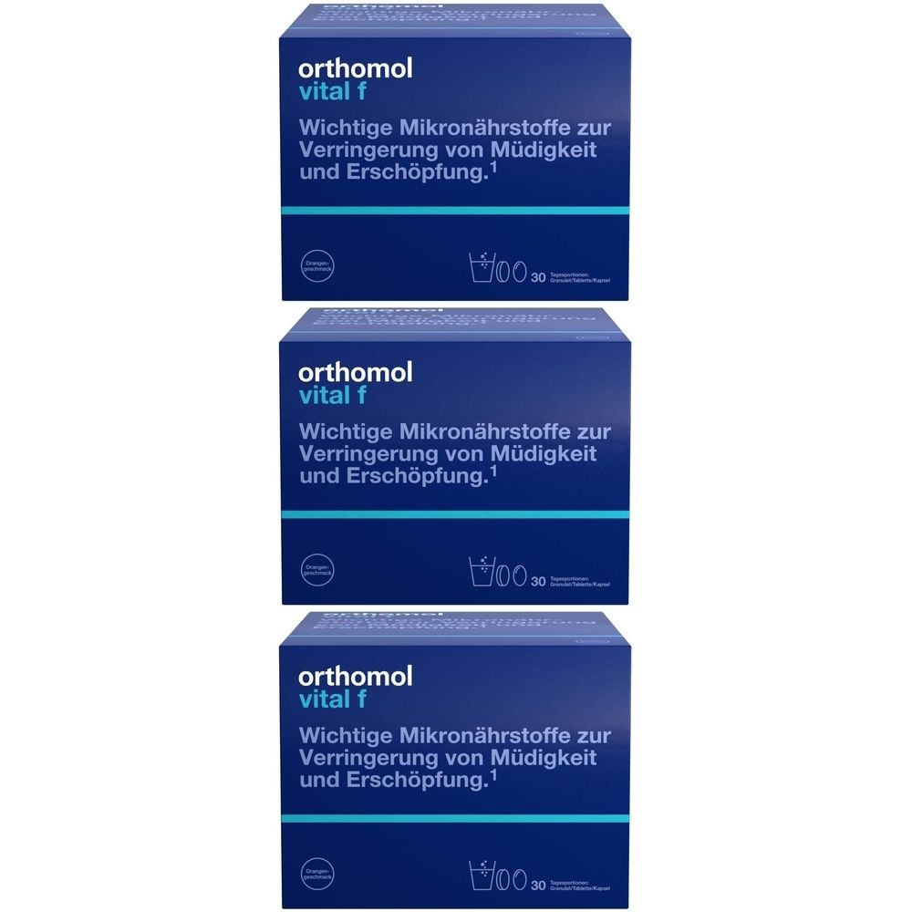 Drei blaue Kartons Orthomol vital f. Text: Wichtige Mikronährstoffe zur Verringerung von Müdigkeit und Erschöpfung.