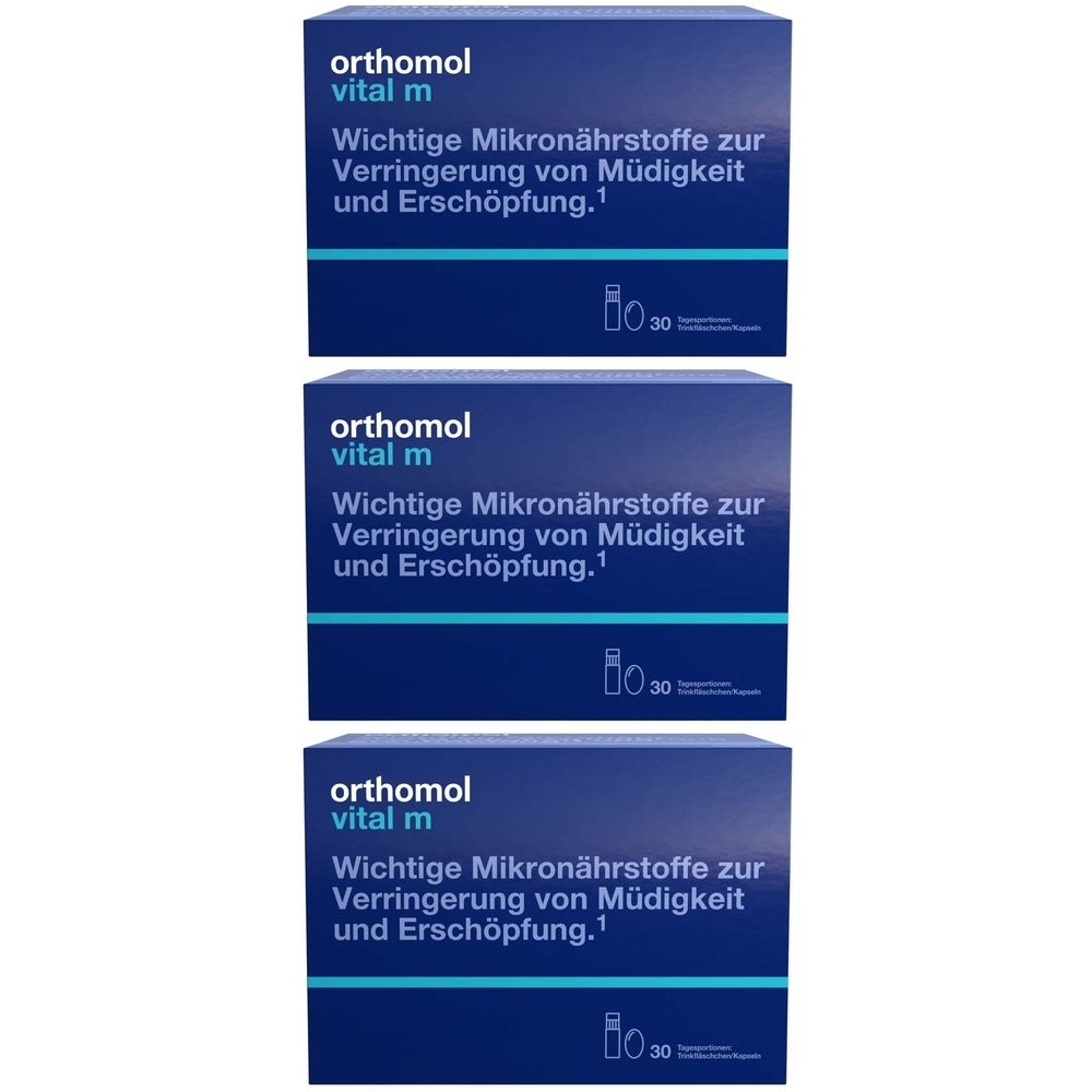 Drei blaue Kartons mit der Aufschrift Orthomol vital m. Text: Wichtige Mikronährstoffe zur Verringerung von Müdigkeit und Erschöpfung.