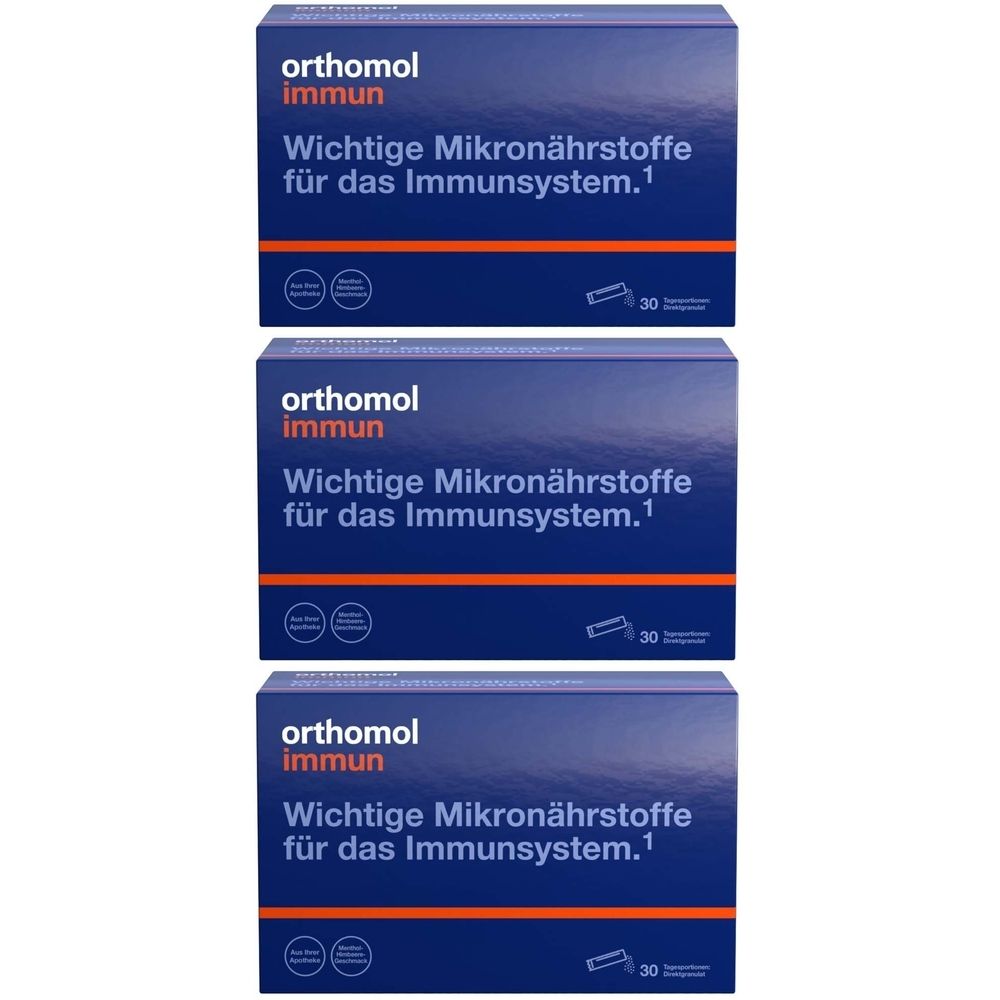 Drei blaue Kartons mit Orthomol Immun. Text: Wichtige Mikronährstoffe für das Immunsystem. 30 Portionen.