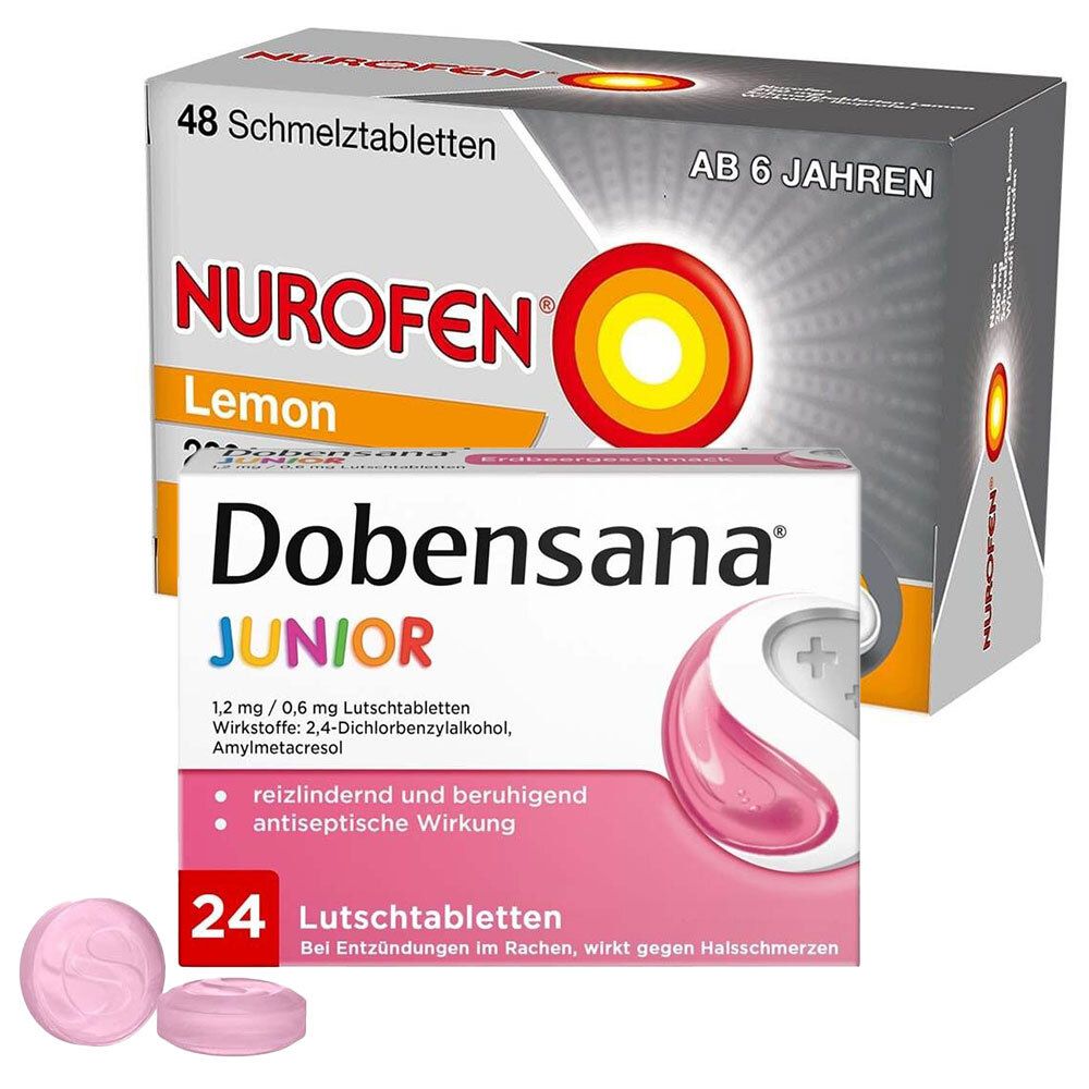 Verpackungen von Nurofen Lemon und Dobensana Junior Lutschtabletten. Tabletten liegen daneben.