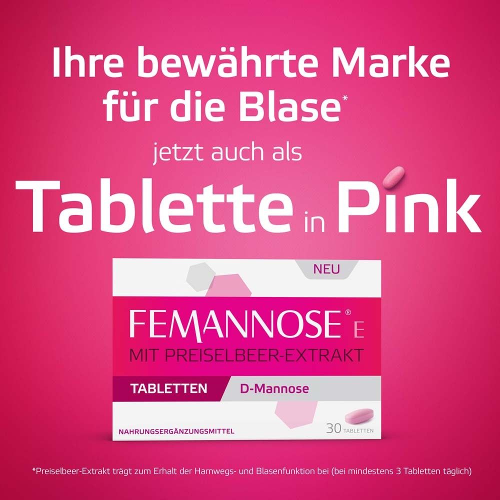 Werbung für Femannose E Tabletten in Pink. Eine Packung Tabletten, eine Tablette. Text: Ihre bewährte Marke für die Blase.