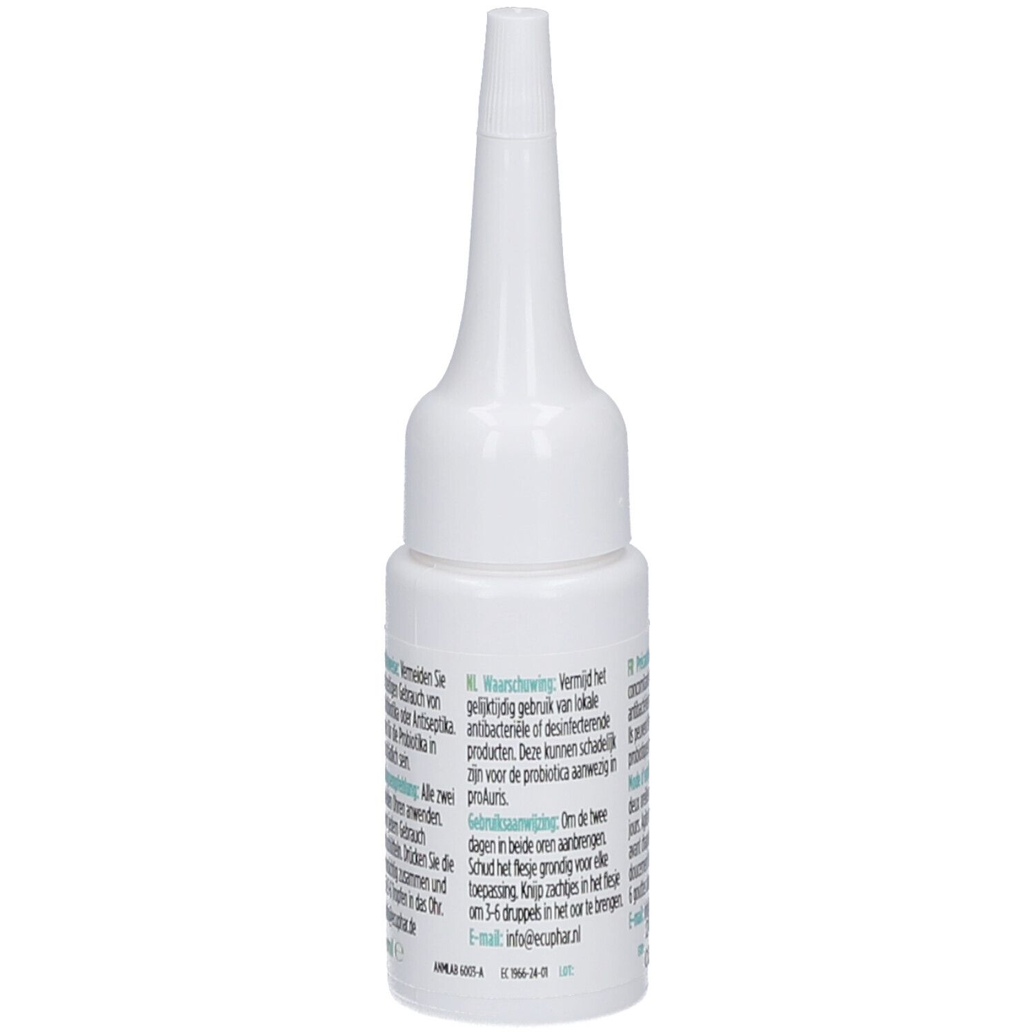 Weiße Flasche mit spitzer Spitze. Text in mehreren Sprachen. Aufdruck.