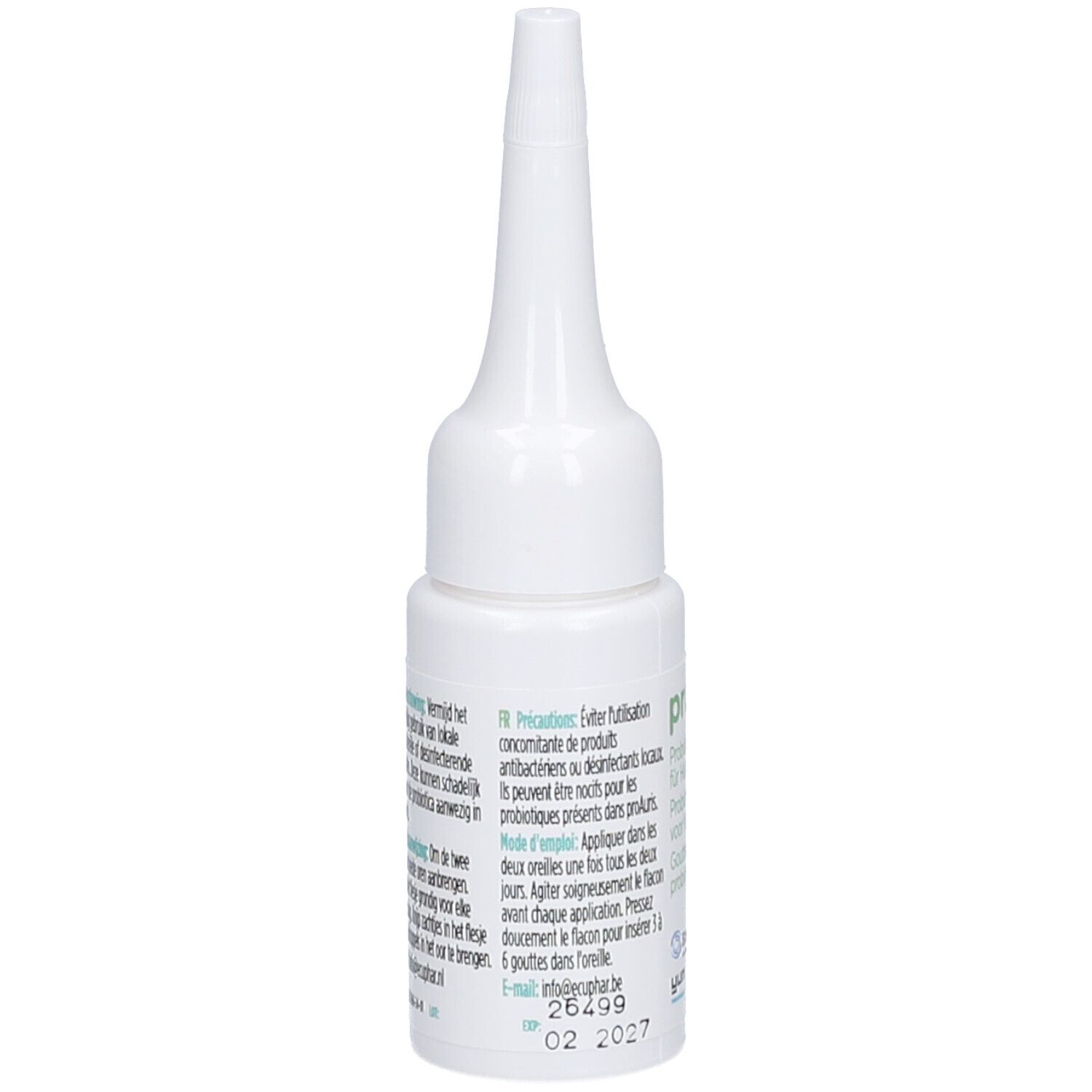 Weiße Flasche mit spitzer Spitze. Text in mehreren Sprachen. Aufdruck: proAuris, 02 2027.