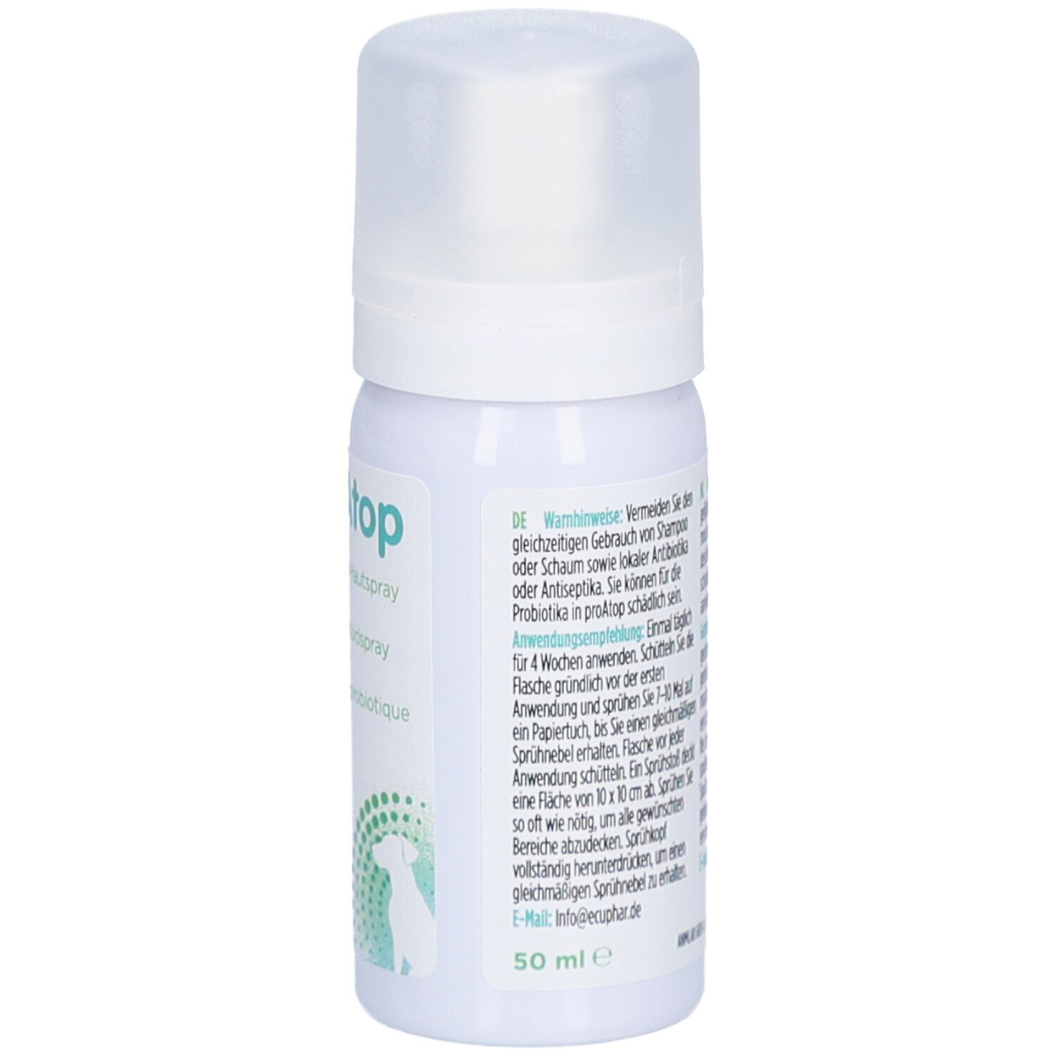 Weiße Sprühflasche mit Kappe. Text in Deutsch. Enthält Produktinformationen und Warnhinweise. 50 ml.